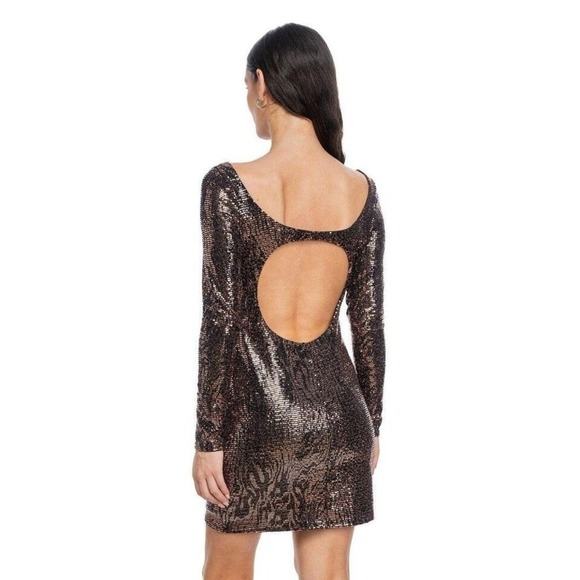 NWT JUMP APPAREL Stretch Sequin Open Back Mini Dress in Espresso, XS - Picture 1 of 8